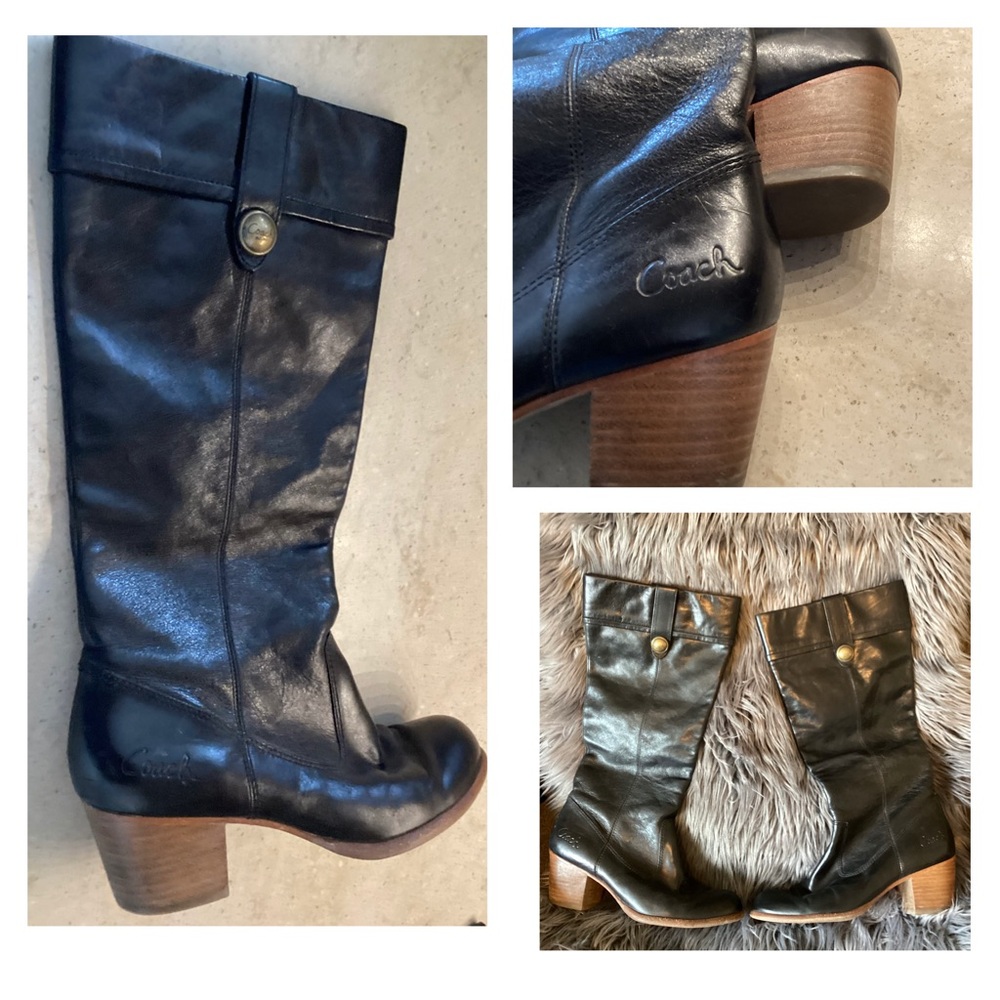 Coach Black Leather Mid-Calf Heeled Boots with Wood Stacked Heel